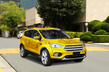 Yellow taxi car driving in city. Transportation service