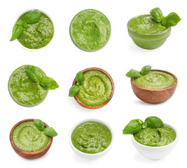 Obraz premium Pesto sauce in bowls isolated on white, set. Top and side view
