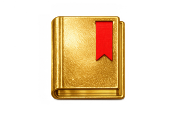 Golden book icon with red bookmark representing knowledge, learning, education, and reading on transparent background