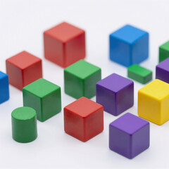 Obraz premium Vibrant, colorful cubes in assorted hues (red blue green yellow purple) playfully arranged on a white background