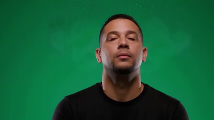 Man meditating in calm serene pose with soft studio lighting on green screen background for wellness advertising