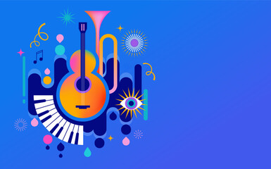 Colorful carnival and music festival poster and banner with abstract musical instruments