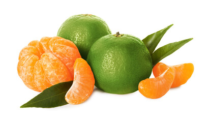 Fresh juicy tangerines isolated on white. Citrus fruit with green peel and orange flesh