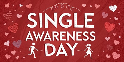 Single Awareness Day concept, lettering with hearts on red background romantic love concept.