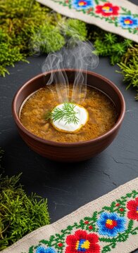 Rustic Moravian Kyselice Sauerkraut Soup with Steam, Sour Cream, and Folk Embroidery on Slate
