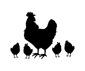 Hen and chicks silhouette family illustration. Simple farm animal family.
