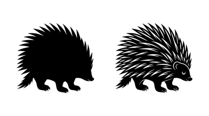 Porcupine black silhouette and detailed line illustration set. wildlife cartoon animal.