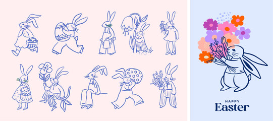 Fototapeta premium Hand-drawn Easter bunny illustration set featuring cute rabbits in different poses with eggs, baskets, flowers, and spring elements. 