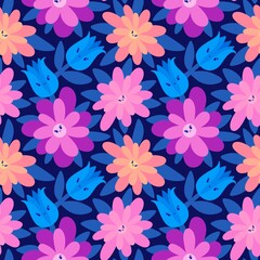 Cartoon floral seamless flowers pattern for wrapping paper and fabrics and kids clothes and spring party textiles and linens