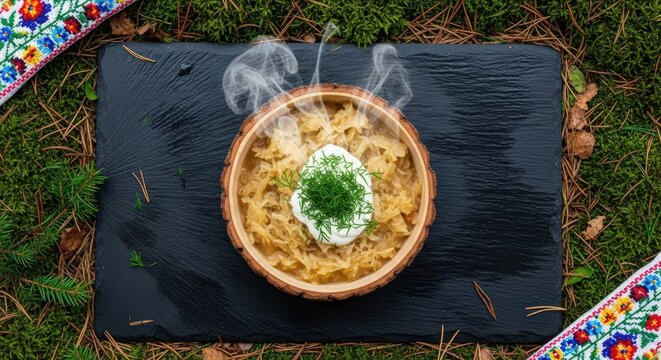 Rustic Moravian Kyselice Sauerkraut Soup with Steam, Sour Cream, and Folk Embroidery on Slate