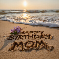 Happy Birthday Mom Written in Beach Sand with Tiny Ocean Flower, Sunset Sun on Horizon and Clean Copy Space &ndash; perfect for birthday greetings