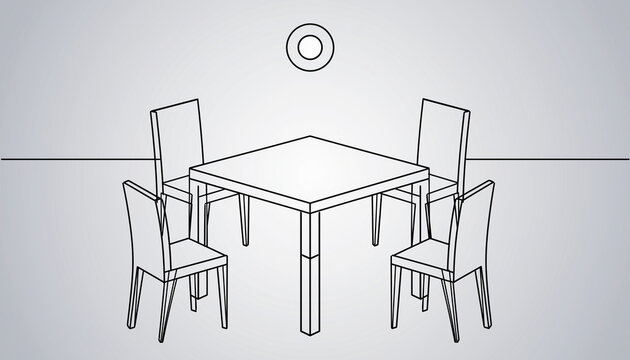 Minimalist Line Drawing of a Table and Chairs.