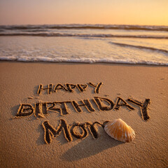 Happy Birthday Mom Written in Golden Sand with Seashell Accent, Dreamy Sunset Sky and Minimal Wave Corner, Cinematic Beach Photo &ndash; perfect for birthday greetings