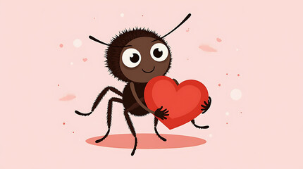Fototapeta premium The ant holds a red heart in its hands as a symbol of love.