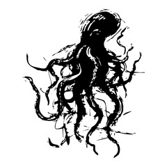 Artistic illustration of an octopus kraken with tentacles in a grungy hand drawn ink splatter style © UrbanDruid
