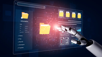 An AI assistant powers a smart document management system. The user interface displays intelligent data analysis and automated file organization for an efficient corporate workflow. Fermion