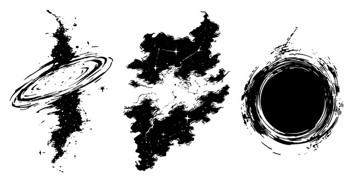 Set of cosmic astronomical elements like galaxy black hole and nebula in a grungy ink stencil style