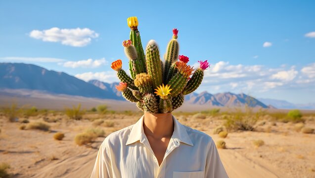 Person wearing cactus flowers on head standing in desert with mountains and blue sky in background  surreal landscape - Powered by Adobe