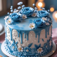 blue cake with blue flowers