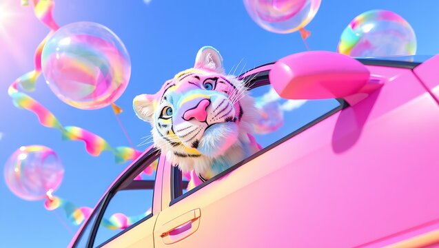 Pink tiger sticking head out of pink car window with colorful balloons and streamers on sunny day outside