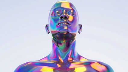 Shiny holographic man with colorful reflection on body and face looking up  futuristic technology concept