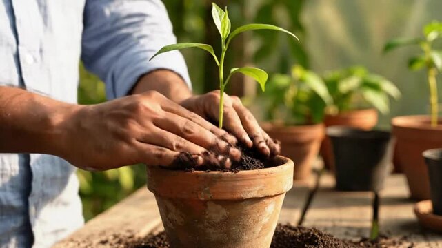 Man Planting Young Green Seedling in Terracotta Pot