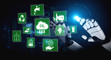 Naklejka premium AI supports ESG practices by aligning ESG concept integrates environmental, social, and governance practices to promote sustainability, responsibility, and ethical business development Vouch