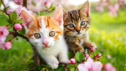 Two adorable kittens peeking out from behind a blooming cherry blossom tree branch in a lush green meadow on a sunny day