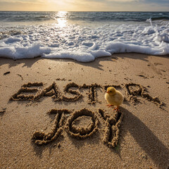 Easter Joy Written in Wet Sand with Golden Hour Beach and Small Chick Figurine Beside Message &ndash; perfect for holiday celebrations