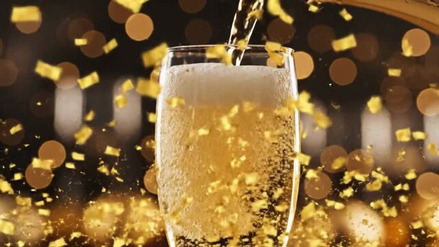 Champagne Pouring into Glass with Gold Confetti and Bokeh