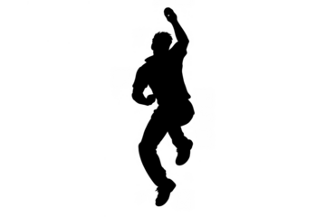 Cricket fast bowler silhouette jumping and releasing ball during a match, transparent background cutout