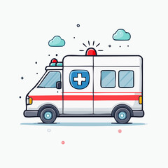 Illustration of a white ambulance with red stripe and blue flashing lights, representing emergency medical services and urgent healthcare