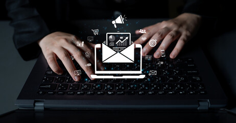 A concept of a digital marketing campaign delivered via email. This outreach contains business analytics and is designed to drive advertising, e-commerce sales, and customer targeting. Fermion