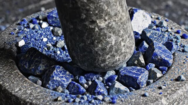 Close Up Of Crushing Lapis Lazuli Rocks In A Stone Mortar With A Pestle For Pigment Extraction Macro Detail Of Vibrant Blue Stones And Gold Flecks Being Ground Down Into Powder In A Studio Setting