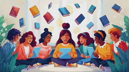 Diverse women gather to share knowledge and inspire collective learning, surrounded by floating books symbolizing a journey of education and personal growth within a nurturing community