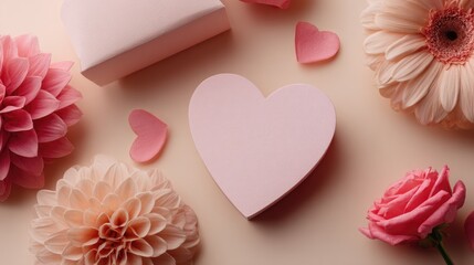 Obraz premium Romantic Flat Lay of Pink Hearts, Flowers, Gift Box and Petals, Ideal for Celebrating Love, Friendship, or Special Moments on Neutral Background
