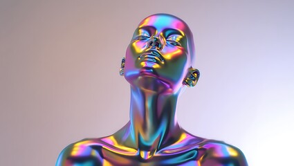 Woman with shiny metallic body and face looking up with closed eyes on plain background