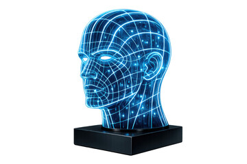 Artificial intelligence head displaying human perception with glowing wireframe digital lines, a transparent futuristic concept