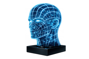 Artificial intelligence head displaying human perception with glowing wireframe digital lines, a transparent futuristic concept