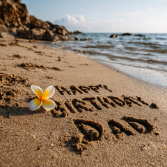 Happy Birthday Dad Written in Wet Sand with Yellow Plumeria, Gentle Waves, and Bright Golden Hour Light &ndash; perfect for greeting cards