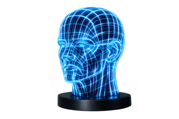 Artificial intelligence head displaying brain activity, machine learning, and human innovation. Transparent background