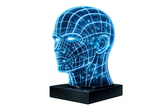 Artificial intelligence head displaying human perception with glowing wireframe digital lines, a transparent futuristic concept - Powered by Adobe