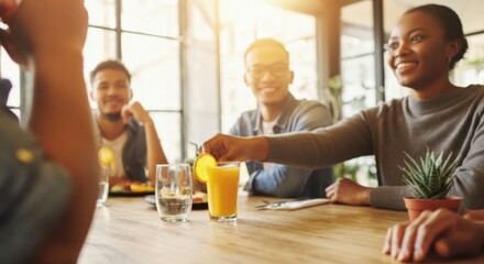 Group of friends enjoying a casual breakfast together at a sunlit wooden table