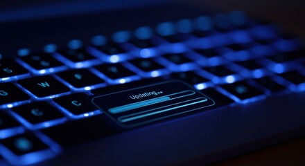 Keyboard with glowing blue backlight and an update progress bar on key