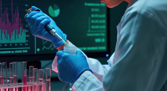 Lab technician pipetting in a high-tech lab with glassware and monitors - Powered by Adobe