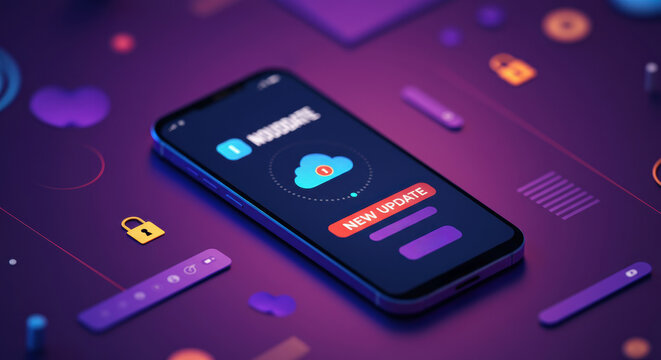 Smartphone displaying mobile app update and cloud backup notification alert