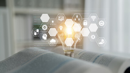 Hexagon interface combining AI, data, analytics, and cybersecurity. AI connects systems, data drives analytics, data supports decisions, and AI enables smart business infrastructure. Latch