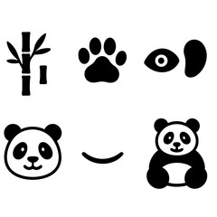 Fototapeta premium Cute panda icons with bamboo and paw print on gray background