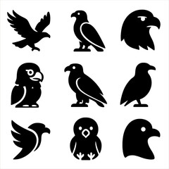 Fototapeta premium Silhouette bird icons: eagle, parrot, owl and more in black and white