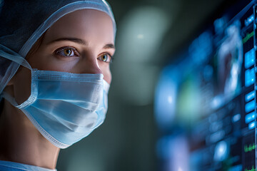 Focused healthcare professional in surgical mask and cap monitors glowing patient vitals on screens, symbolizing modern medical care and dedication